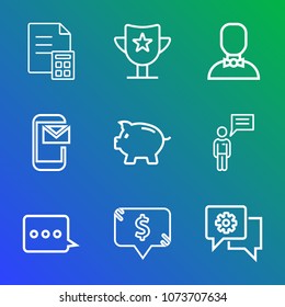 Premium outline set of icons containing mail, person, people, profile, finance, prize, internet, cash, phone, winner. Simple, modern flat vector illustration for mobile app, website or desktop app