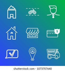Premium outline set of icons containing curtain, wheel, competition, ride, coin, transport, real, pin, truck, success. Simple, modern flat vector illustration for mobile app, website or desktop app