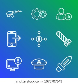 Premium outline set of icons containing rifle, blade, fire, finance, sign, online, sailor, explosion, war, desktop, gun. Simple, modern flat vector illustration for mobile app, website or desktop app