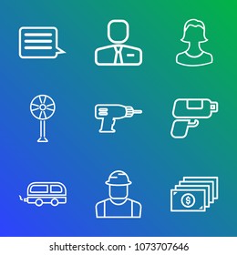 Premium outline set of icons containing web, machine, business, money, recruitment, avatar, construction, ventilator. Simple, modern flat vector illustration for mobile app, website or desktop app