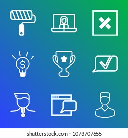 Premium outline set of icons containing painter, first, video, idea, business, young, success, work, sign, avatar, gold. Simple, modern flat vector illustration for mobile app, website or desktop app