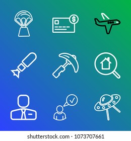 Premium outline set of icons containing employee, complete, online, balloon, flying, travel, fun, employer, bomb, job. Simple, modern flat vector illustration for mobile app, website or desktop app