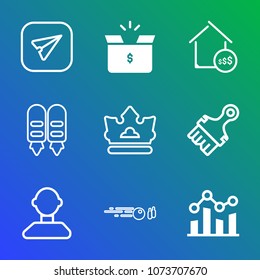 Premium outline set of icons containing chart, communication, business, message, royal, email, send, profile, pack, real. Simple, modern flat vector illustration for mobile app, website or desktop app