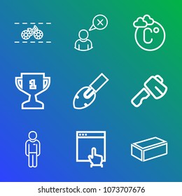 Premium outline set of icons containing hammer, profile, first, man, cancel, celsius, award, technology, transportation. Simple, modern flat vector illustration for mobile app, website or desktop app