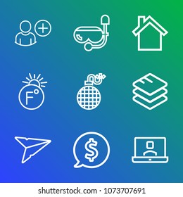 Premium outline set of icons containing explosion, water, information, sport, frame, communication, account, sign, data. Simple, modern flat vector illustration for mobile app, website or desktop app