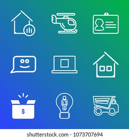 Premium outline set of icons containing sign, graph, profile, property, document, cardboard, personal, flight, home, sky. Simple, modern flat vector illustration for mobile app, website or desktop app
