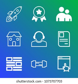 Premium outline set of icons containing construction, winner, man, win, exercise, website, workout, competition, center. Simple, modern flat vector illustration for mobile app, website or desktop app