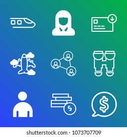 Premium outline set of icons containing bank, label, rail, flight, train, travel, face, equipment, view, cash, young. Simple, modern flat vector illustration for mobile app, website or desktop app