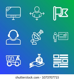 Premium outline set of icons containing communication, tipper, news, sack, money, satellite, america, center, team, dump. Simple, modern flat vector illustration for mobile app, website or desktop app