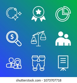 Premium outline set of icons containing graph, astronomy, graphic, staff, internet, people, place, night, chart, win. Simple, modern flat vector illustration for mobile app, website or desktop app