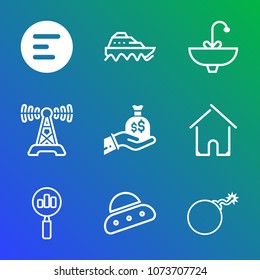 Premium outline set of icons containing search, mobile, home, spaceship, radio, ship, transport, vessel, bathroom, tap. Simple, modern flat vector illustration for mobile app, website or desktop app