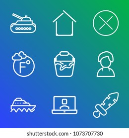 Premium outline set of icons containing person, transport, sea, war, estate, sword, thermometer, house, scale, army, gun. Simple, modern flat vector illustration for mobile app, website or desktop app