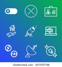 Premium outline set of icons containing energy, delete, money, finance, estate, control, electricity, button, astronomy. Simple, modern flat vector illustration for mobile app, website or desktop app