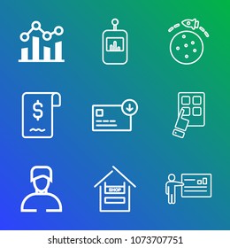Premium outline set of icons containing sign, food, device, business, sack, remote, supermarket, man, science, video, up. Simple, modern flat vector illustration for mobile app, website or desktop app