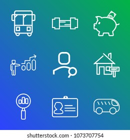 Premium outline set of icons containing finance, traffic, computer, money, gym, search, direction, find, house, estate. Simple, modern flat vector illustration for mobile app, website or desktop app