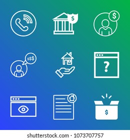 Premium outline set of icons containing internet, ring, unknown, container, telephone, finance, concept, laptop, home. Simple, modern flat vector illustration for mobile app, website or desktop app