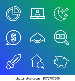 Premium outline set of icons containing video, label, estate, concept, star, extreme, people, woman, home, graphic, jump. Simple, modern flat vector illustration for mobile app, website or desktop app