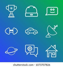 Premium outline set of icons containing orbit, champion, home, satellite, fashion, winner, competition, mobile, sport. Simple, modern flat vector illustration for mobile app, website or desktop app