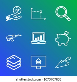 Premium outline set of icons containing cash, finance, gun, information, house, web, investment, financial, graphic, war. Simple, modern flat vector illustration for mobile app, website or desktop app