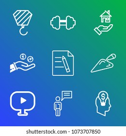 Premium outline set of icons containing barbell, media, buy, gym, industrial, fit, house, construction, idea, office. Simple, modern flat vector illustration for mobile app, website or desktop app