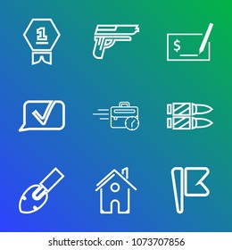 Premium outline set of icons containing house, business, champion, architecture, late, money, sitting, computer, pistol. Simple, modern flat vector illustration for mobile app, website or desktop app