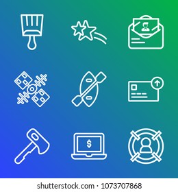 Premium outline set of icons containing customer, oar, money, cash, satellite, communication, white, sparkle, boat, axe. Simple, modern flat vector illustration for mobile app, website or desktop app
