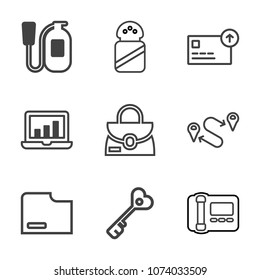 Premium outline set of icons containing door, mineral, point, fashion, money, stationary, graphic, leather, file, cash. Simple, modern flat vector illustration for mobile app, website or desktop app