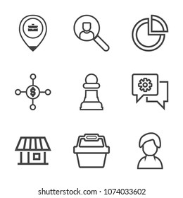 Premium outline set of icons containing strategy, search, account, human, horse, game, graphic, map, home, chat, profile. Simple, modern flat vector illustration for mobile app, website or desktop app