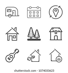 Premium outline set of icons containing estate, building, trunk, day, green, property, map, refreshment, car, house, van. Simple, modern flat vector illustration for mobile app, website or desktop app