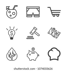 Premium outline set of icons containing environment, party, investment, concept, shop, cold, retail, travel, summer, map. Simple, modern flat vector illustration for mobile app, website or desktop app