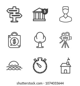 Premium outline set of icons containing sunrise, room, time, investment, handle, avatar, financial, camera, price, human. Simple, modern flat vector illustration for mobile app, website or desktop app