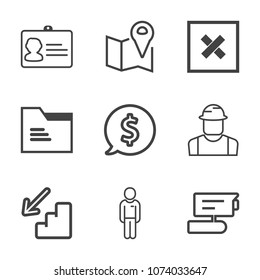 Premium outline set of icons containing engineer, office, upstairs, downstairs, location, security, closed, navigation. Simple, modern flat vector illustration for mobile app, website or desktop app