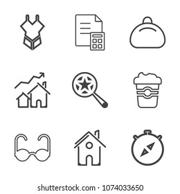 Premium outline set of icons containing real, north, glasses, house, find, white, swimsuit, currency, drink, leather. Simple, modern flat vector illustration for mobile app, website or desktop app