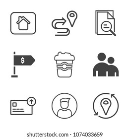 Premium outline set of icons containing navigation, window, house, estate, man, bank, home, money, direction, currency. Simple, modern flat vector illustration for mobile app, website or desktop app