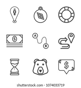 Premium outline set of icons containing summer, north, bear, travel, inflatable, map, west, point, hourglass, business. Simple, modern flat vector illustration for mobile app, website or desktop app