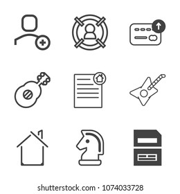 Premium outline set of icons containing house, group, chess, sign, business, music, money, chessboard, coin, customer. Simple, modern flat vector illustration for mobile app, website or desktop app