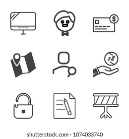 Premium outline set of icons containing pc, business, dinner, sound, waitress, monitor, laptop, people, instrument, dish. Simple, modern flat vector illustration for mobile app, website or desktop app