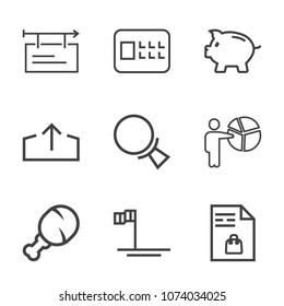 Premium outline set of icons containing snack, presentation, businessman, shopping, download, security, protection, list. Simple, modern flat vector illustration for mobile app, website or desktop app