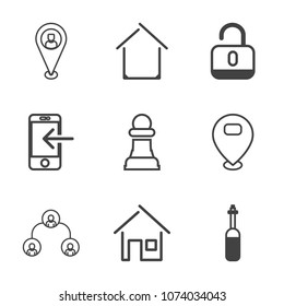 Premium outline set of icons containing smartphone, pin, travel, structure, estate, sign, people, real, laboratory, map. Simple, modern flat vector illustration for mobile app, website or desktop app