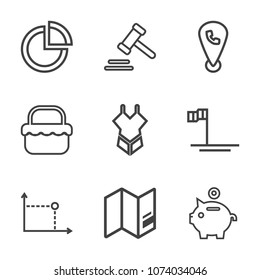 Premium outline set of icons containing internet, ocean, judge, fashion, summer, investment, woman, trial, law, graph. Simple, modern flat vector illustration for mobile app, website or desktop app