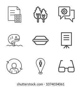 Premium outline set of icons containing finance, forest, green, eyeglasses, hamburger, landscape, mobile, pin, people. Simple, modern flat vector illustration for mobile app, website or desktop app