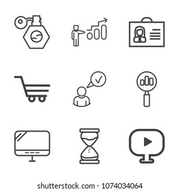 Premium outline set of icons containing shop, hour, profile, container, search, complete, woman, sand, internet, pc, man. Simple, modern flat vector illustration for mobile app, website or desktop app