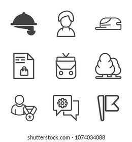 Premium outline set of icons containing service, dish, dinner, supermarket, forest, communication, waiter, mobile, tree. Simple, modern flat vector illustration for mobile app, website or desktop app