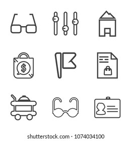 Premium outline set of icons containing shop, flag, vision, nation, discount, room, america, fashion, service, equality. Simple, modern flat vector illustration for mobile app, website or desktop app
