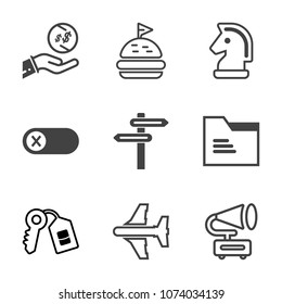 Premium outline set of icons containing finance, financial, deactivate, key, off, security, currency, horse, dollar. Simple, modern flat vector illustration for mobile app, website or desktop app