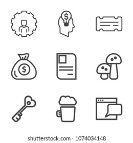 Premium outline set of icons containing movie, communication, identity, alcohol, businessman, edible, pub, financial, id. Simple, modern flat vector illustration for mobile app, website or desktop app