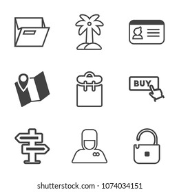 Premium outline set of icons containing paper, road, hospitality, phone, web, pin, protection, travel, people, door, buy. Simple, modern flat vector illustration for mobile app, website or desktop app