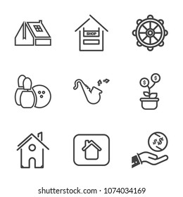 Premium outline set of icons containing grocery, helm, competition, wheel, bugle, sport, shop, house, marine, rudder. Simple, modern flat vector illustration for mobile app, website or desktop app