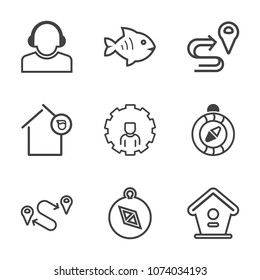 Premium outline set of icons containing map, home, loan, location, help, east, house, bird, animal, white, birdhouse. Simple, modern flat vector illustration for mobile app, website or desktop app