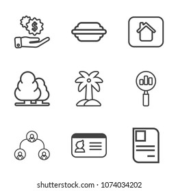 Premium outline set of icons containing search, tree, document, home, people, financial, currency, wealth, house, food. Simple, modern flat vector illustration for mobile app, website or desktop app